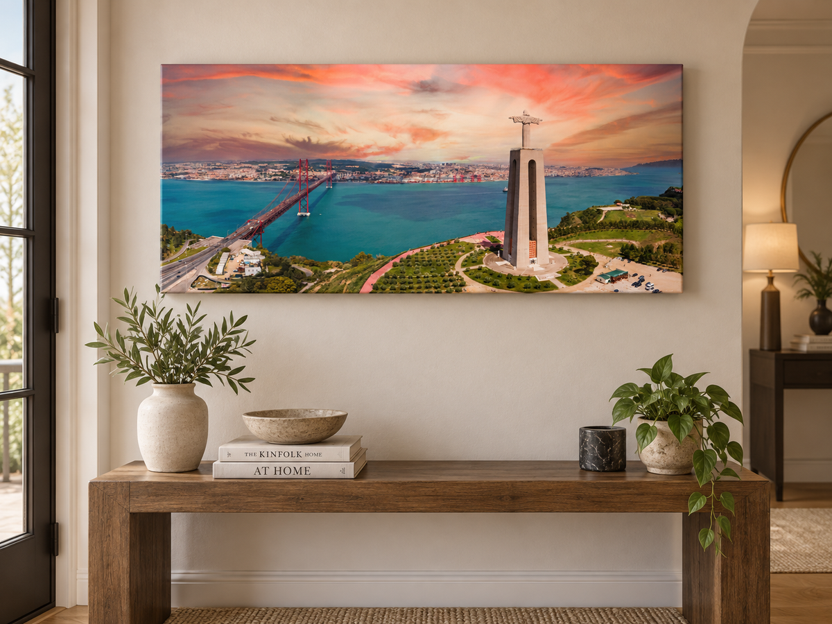 Lisbon at Sunset | Cristo Rei & 25 de Abril Bridge Canvas Wall Art