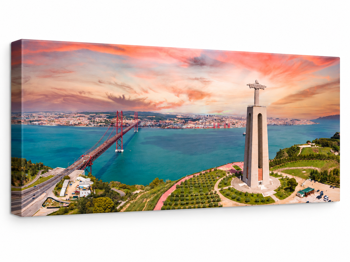 Lisbon at Sunset | Cristo Rei & 25 de Abril Bridge Canvas Wall Art