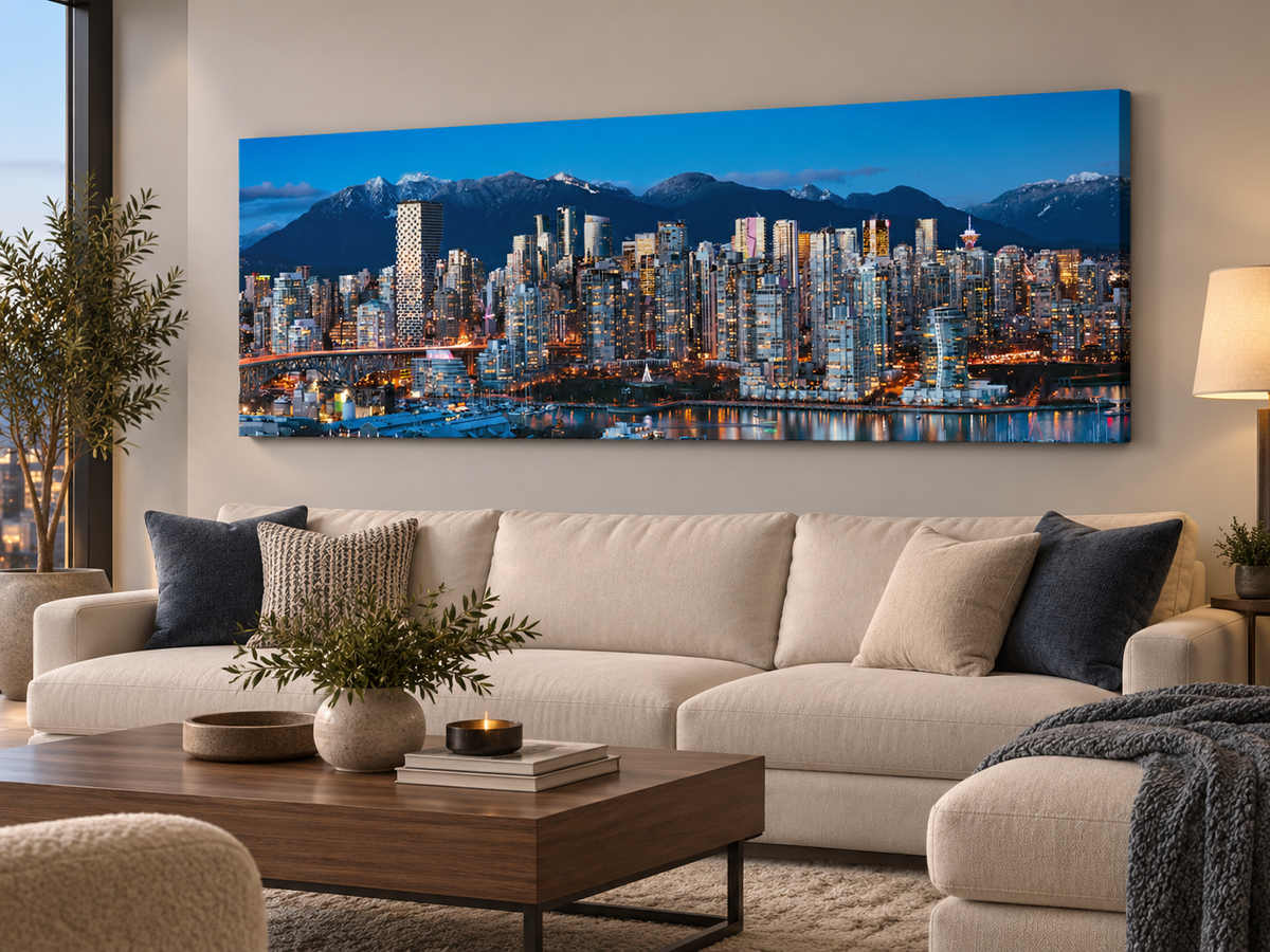Vancouver Skyline at Blue Hour | Mountains & City Canvas Wall Art
