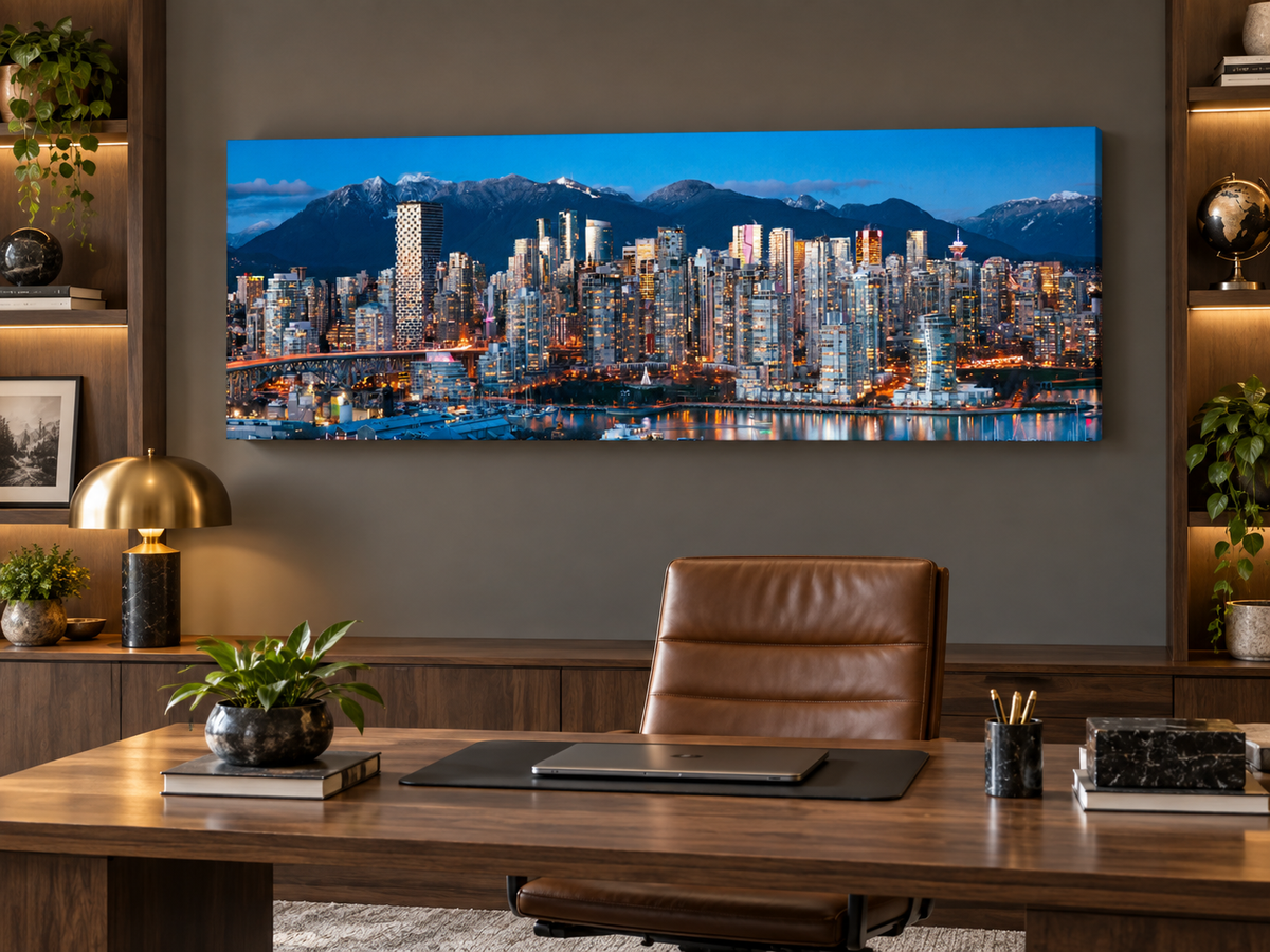 Vancouver Skyline at Blue Hour | Mountains & City Canvas Wall Art