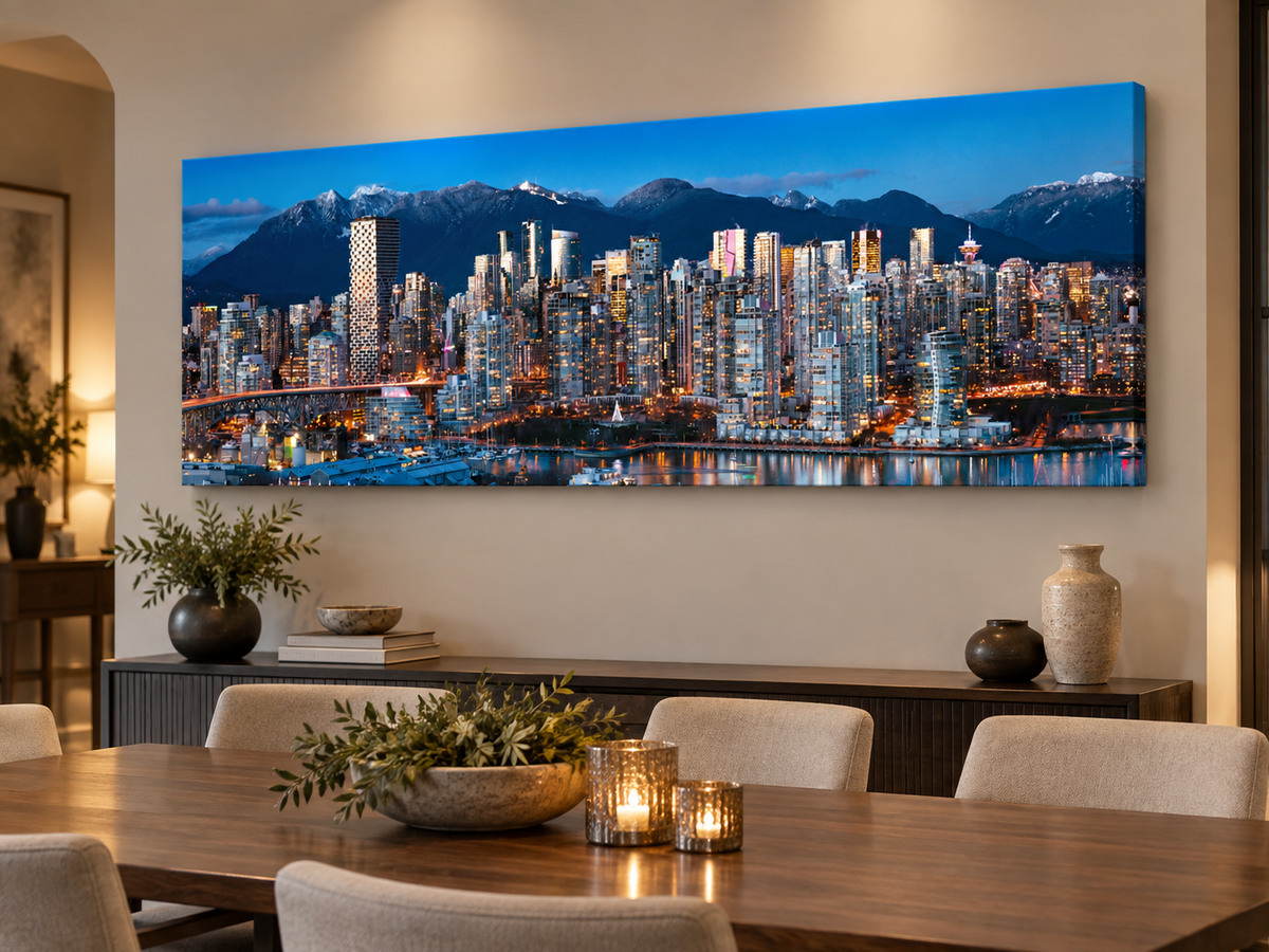 Vancouver Skyline at Blue Hour | Mountains & City Canvas Wall Art