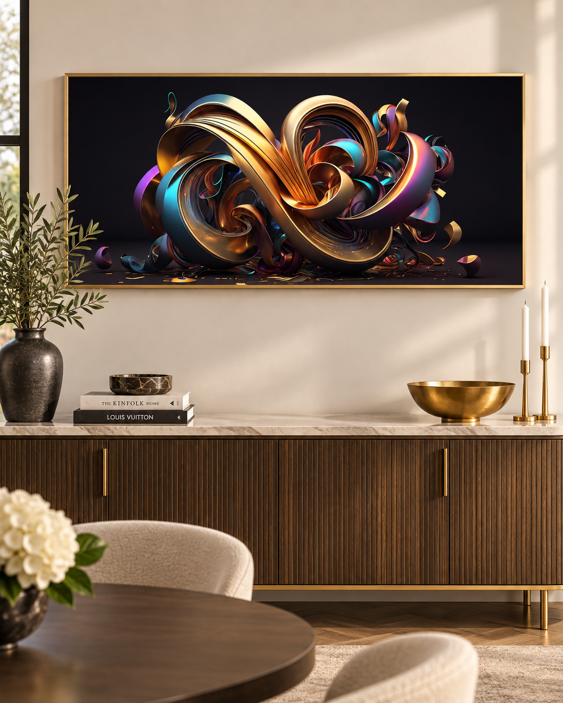 Golden Swirl Abstract Canvas Wall Art | Luxury 3D Art Print | Gallery Wrap & Gold Floating Frame | 2 Sizes