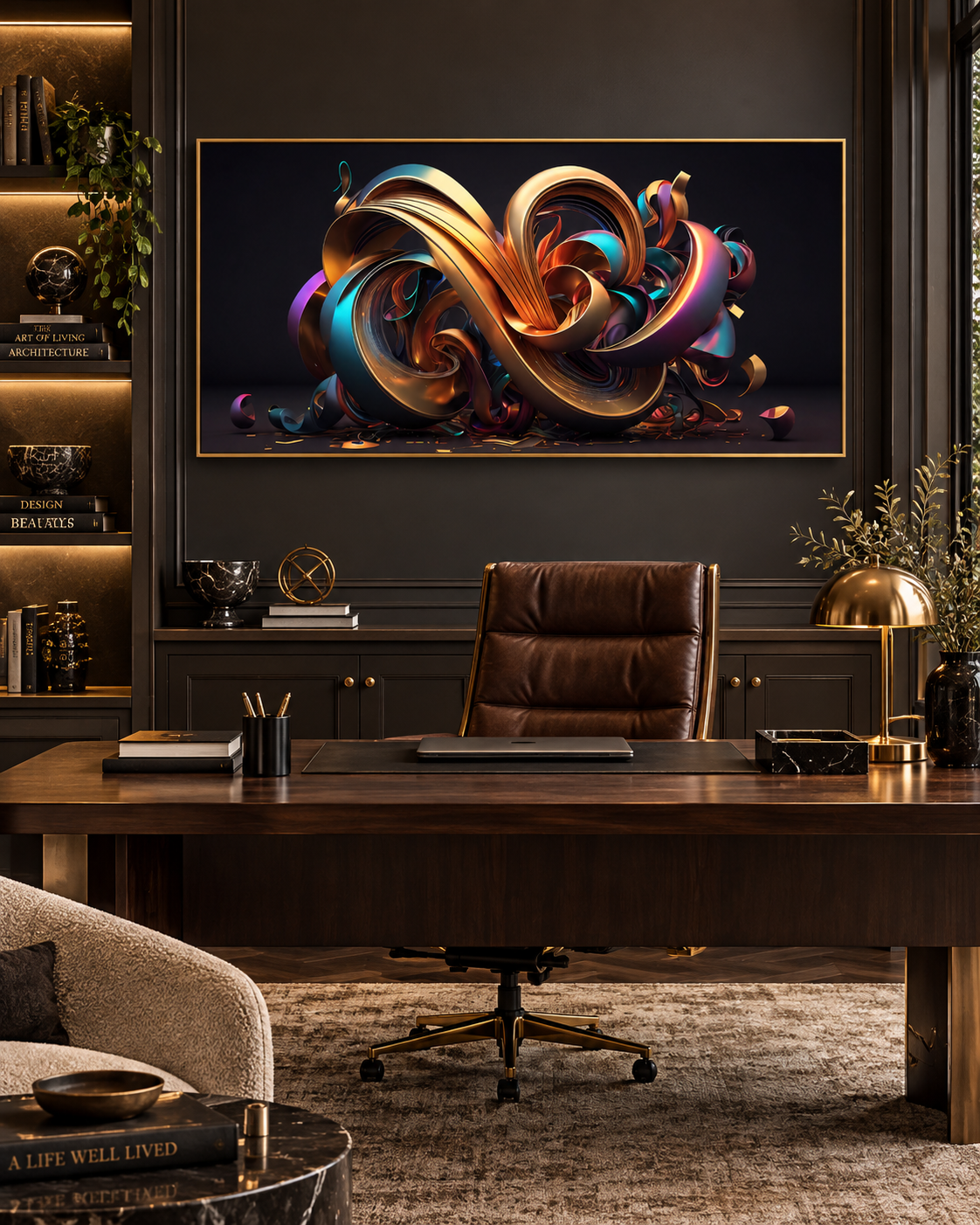 Golden Swirl Abstract Canvas Wall Art | Luxury 3D Art Print | Gallery Wrap & Gold Floating Frame | 2 Sizes