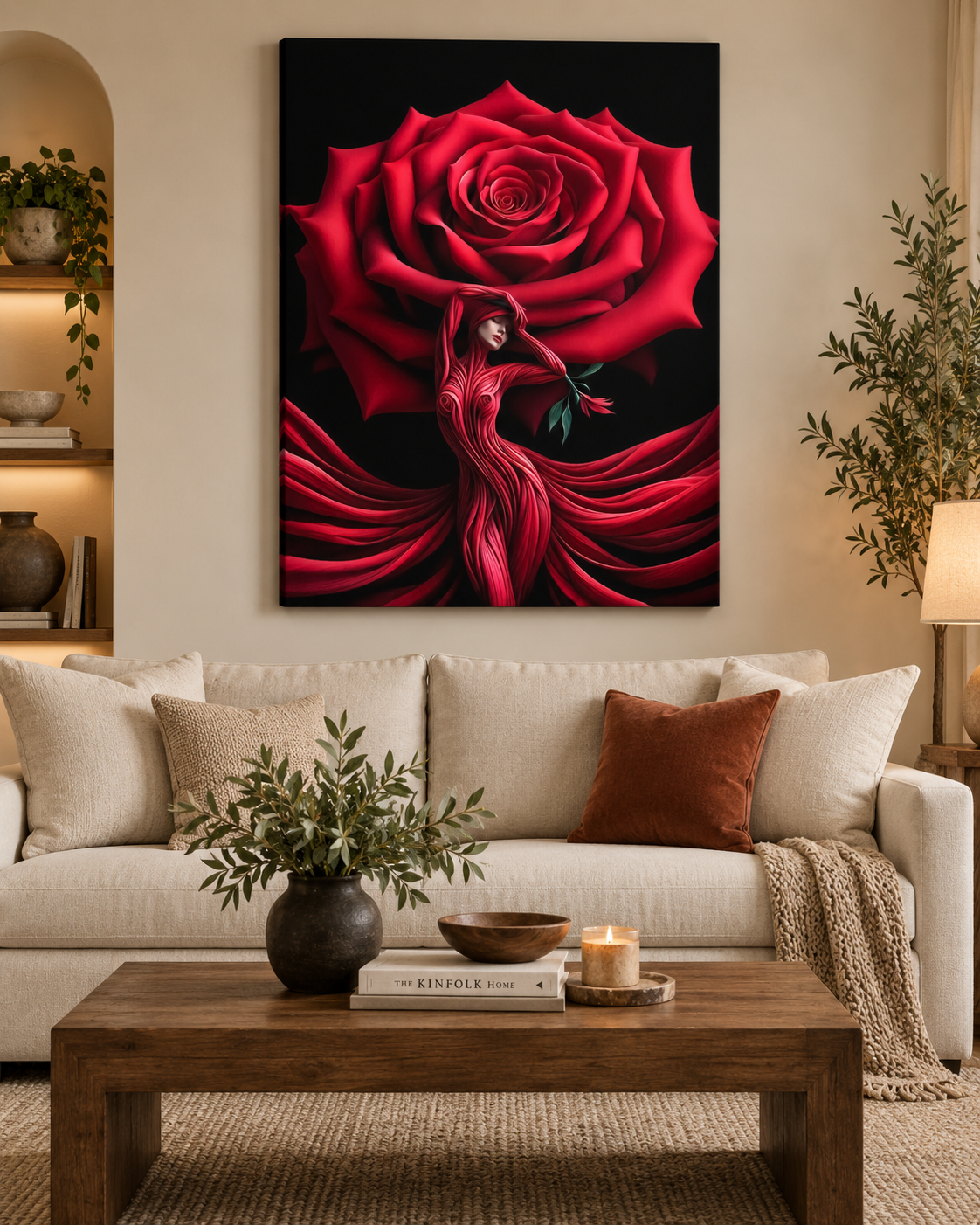 Rose Canvas Wall Art | Surrealist Woman & Rose Fine Art Print | Gallery Wrap & Black Frame | 35x47"