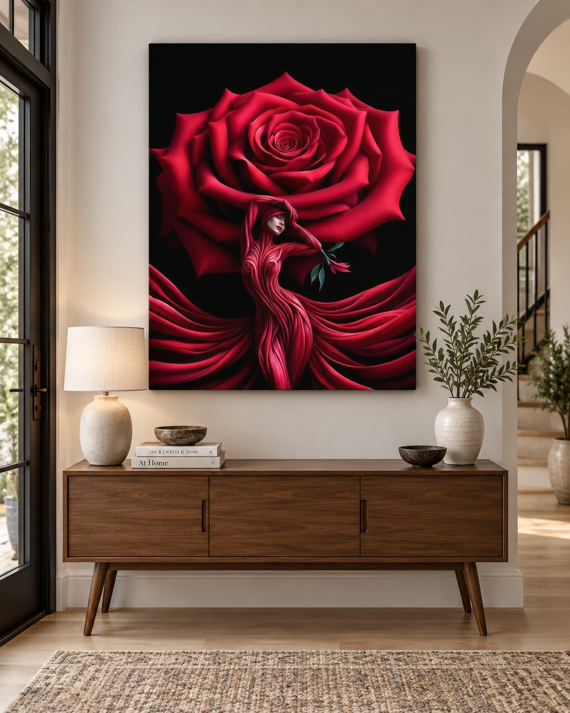Rose Canvas Wall Art | Surrealist Woman & Rose Fine Art Print | Gallery Wrap & Black Frame | 35x47"