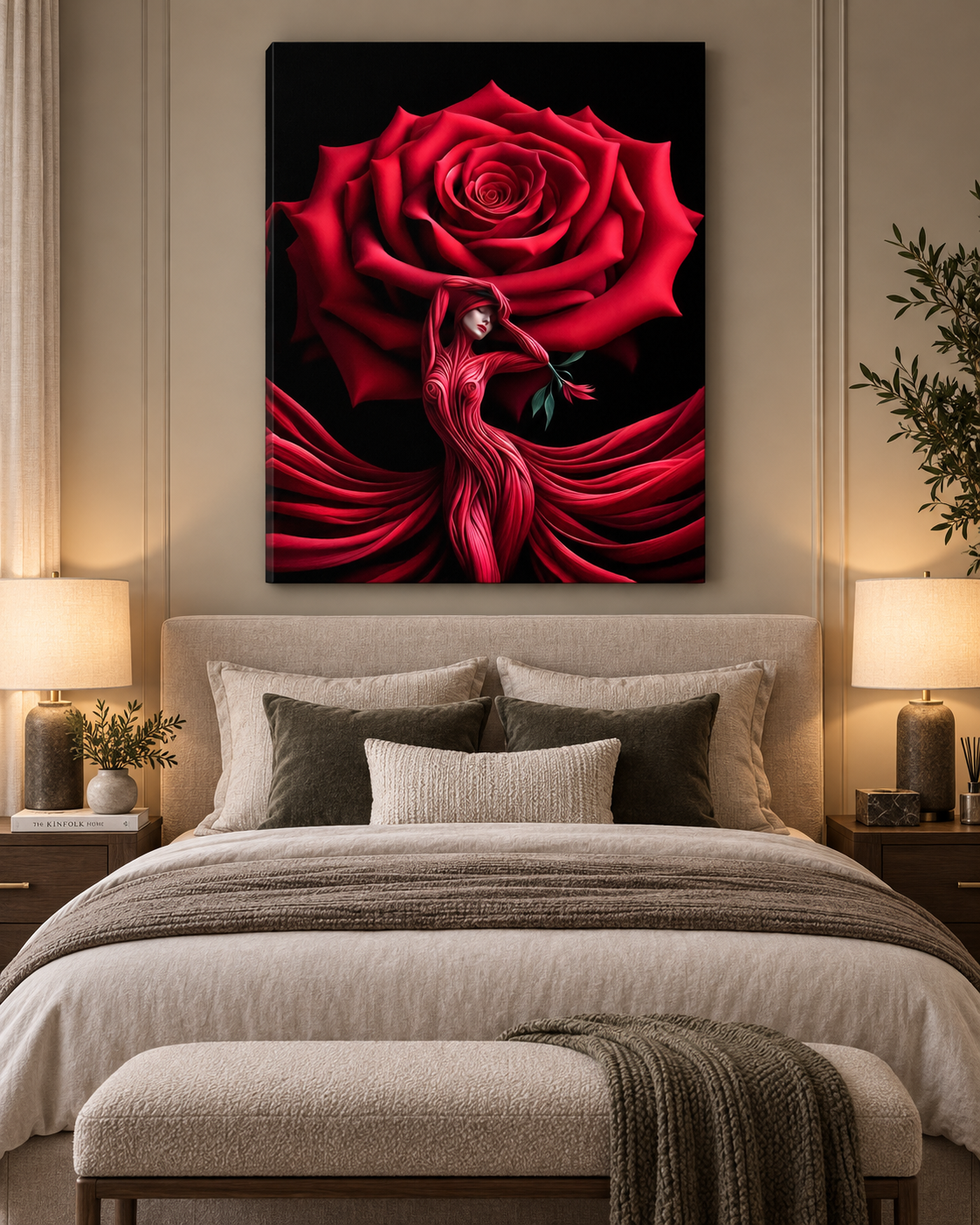 Rose Canvas Wall Art | Surrealist Woman & Rose Fine Art Print | Gallery Wrap & Black Frame | 35x47"