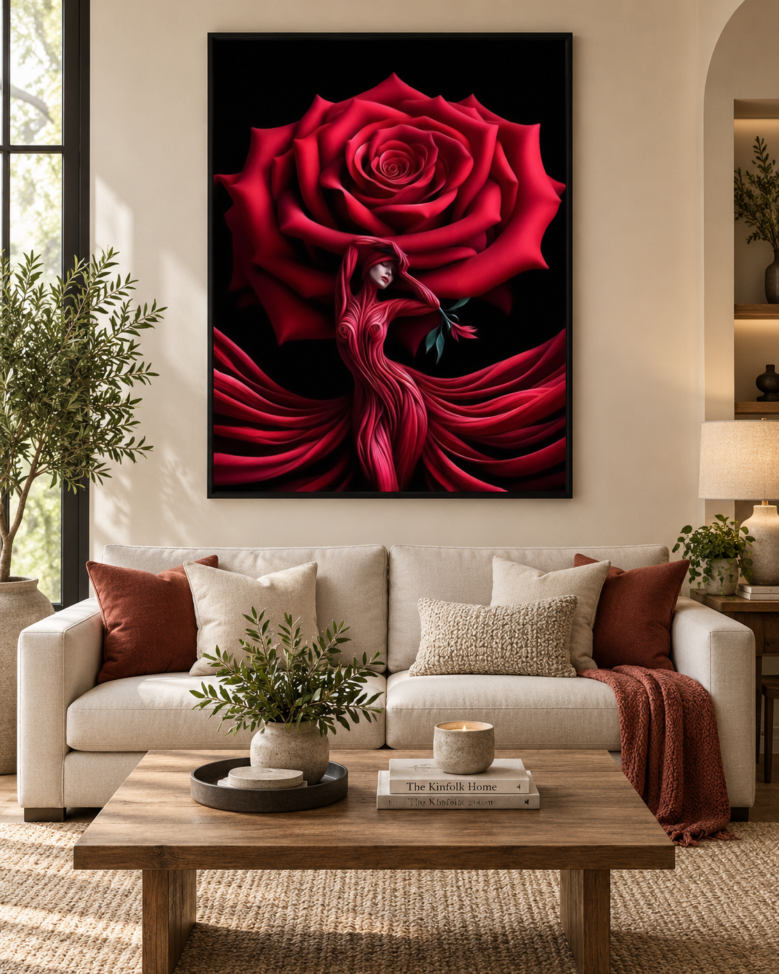 Rose Canvas Wall Art | Surrealist Woman & Rose Fine Art Print | Gallery Wrap & Black Frame | 35x47"