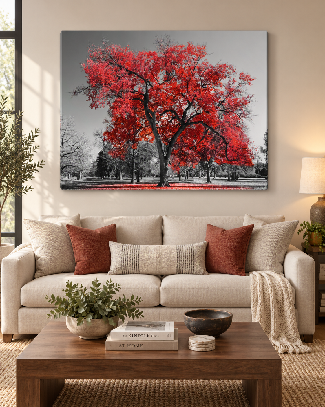 Red Tree Canvas Wall Art | Black & White Color Pop Nature Print | Gallery Wrap & Black Frame | 47x35"