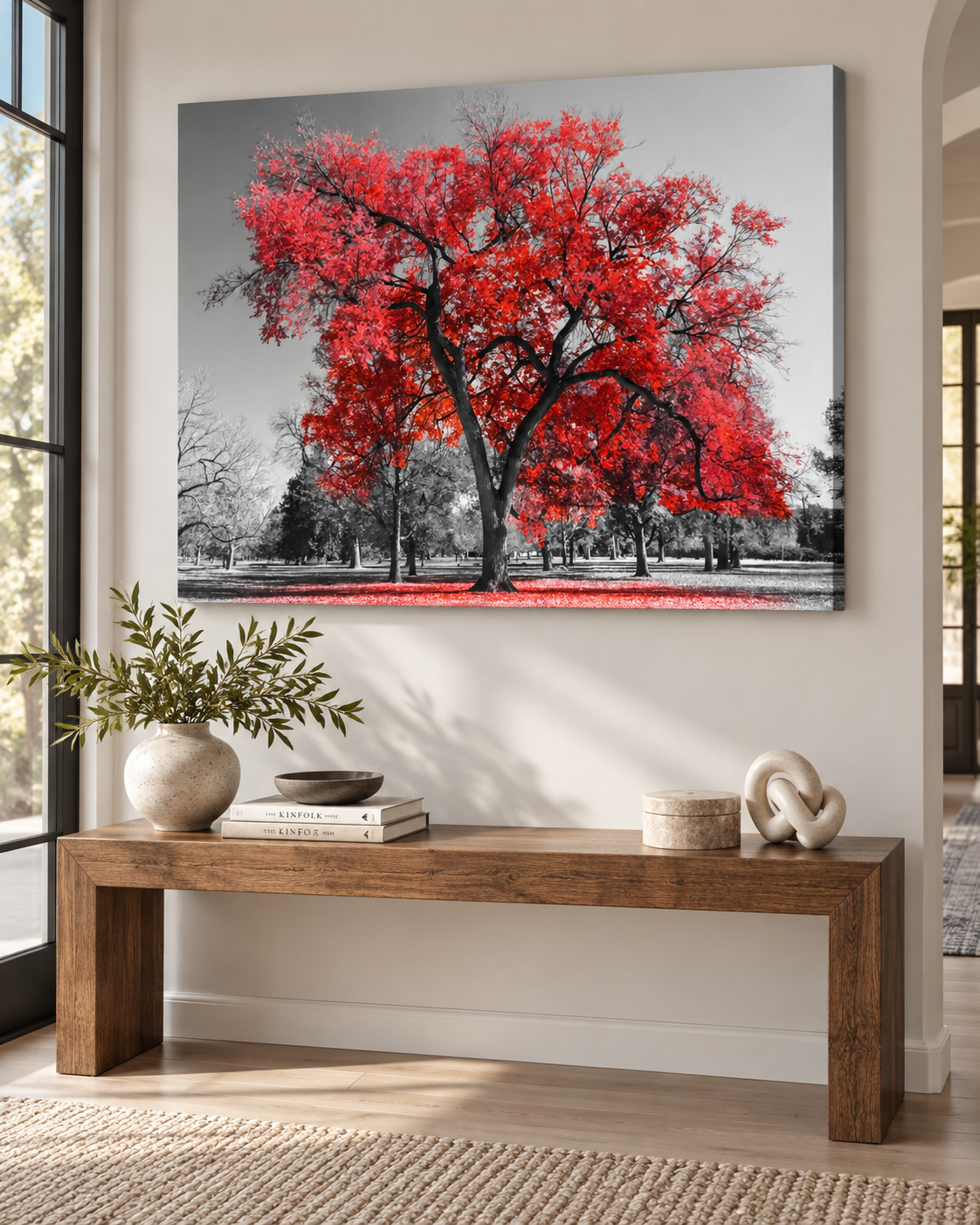 Red Tree Canvas Wall Art | Black & White Color Pop Nature Print | Gallery Wrap & Black Frame | 47x35"