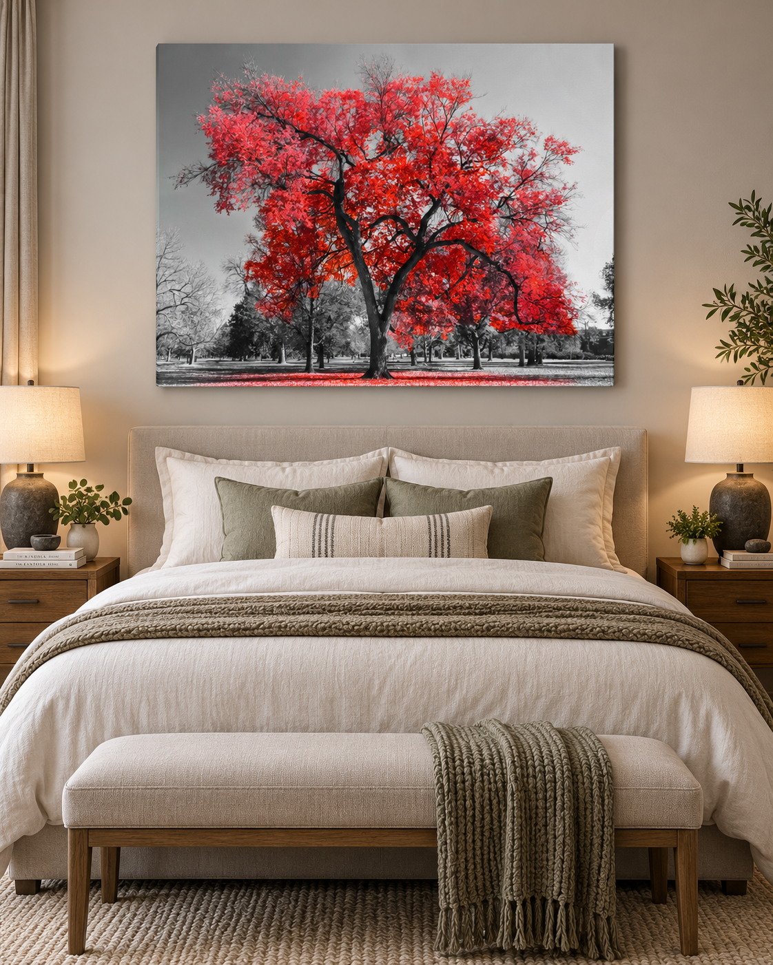 Red Tree Canvas Wall Art | Black & White Color Pop Nature Print | Gallery Wrap & Black Frame | 47x35"