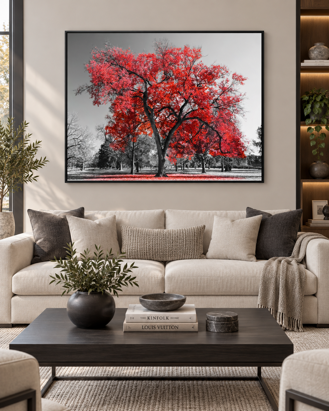 Red Tree Canvas Wall Art | Black & White Color Pop Nature Print | Gallery Wrap & Black Frame | 47x35"