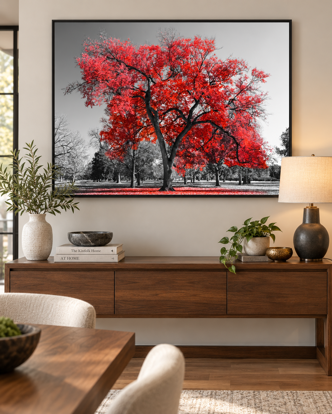 Red Tree Canvas Wall Art | Black & White Color Pop Nature Print | Gallery Wrap & Black Frame | 47x35"