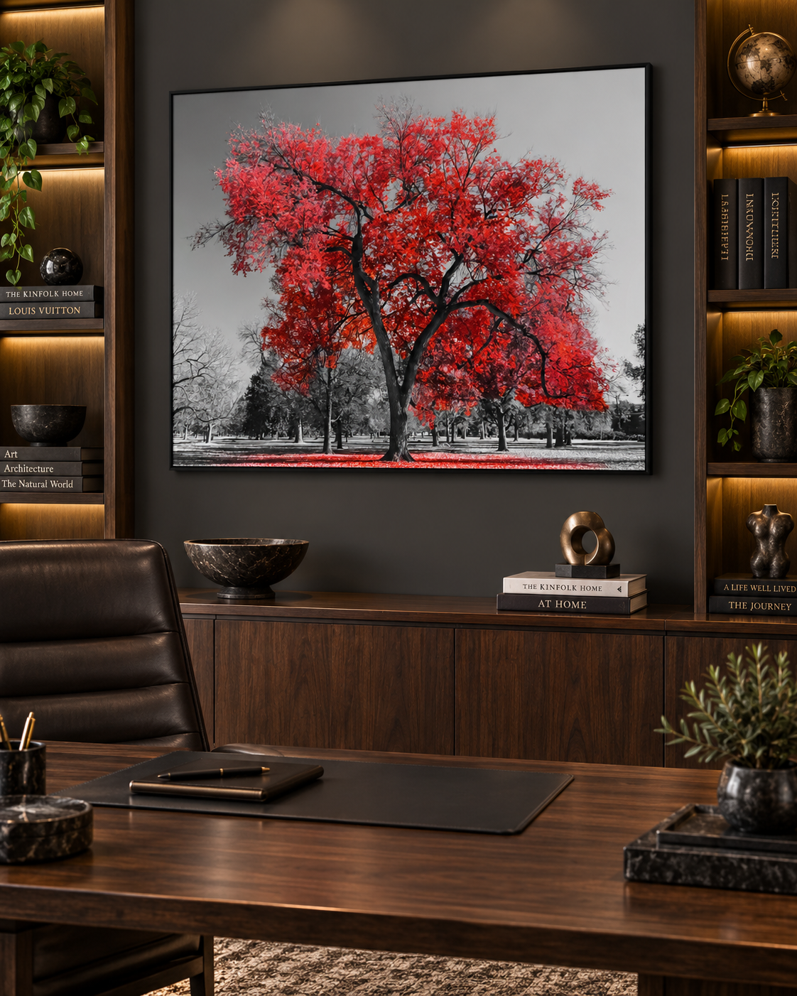 Red Tree Canvas Wall Art | Black & White Color Pop Nature Print | Gallery Wrap & Black Frame | 47x35"
