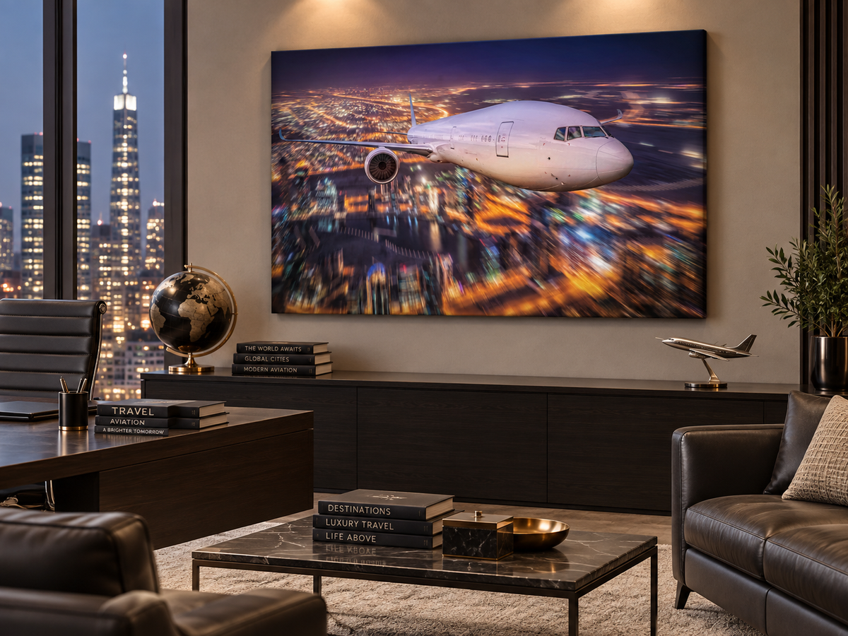 Airplane Over City Lights Canvas Wall Art | Aviation Night Sky Print