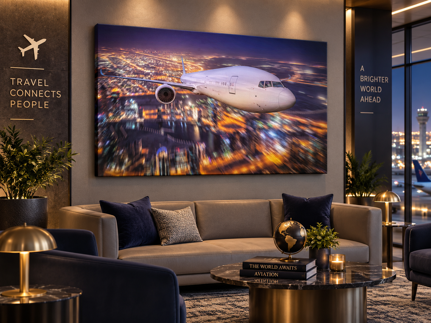 Airplane Over City Lights Canvas Wall Art | Aviation Night Sky Print