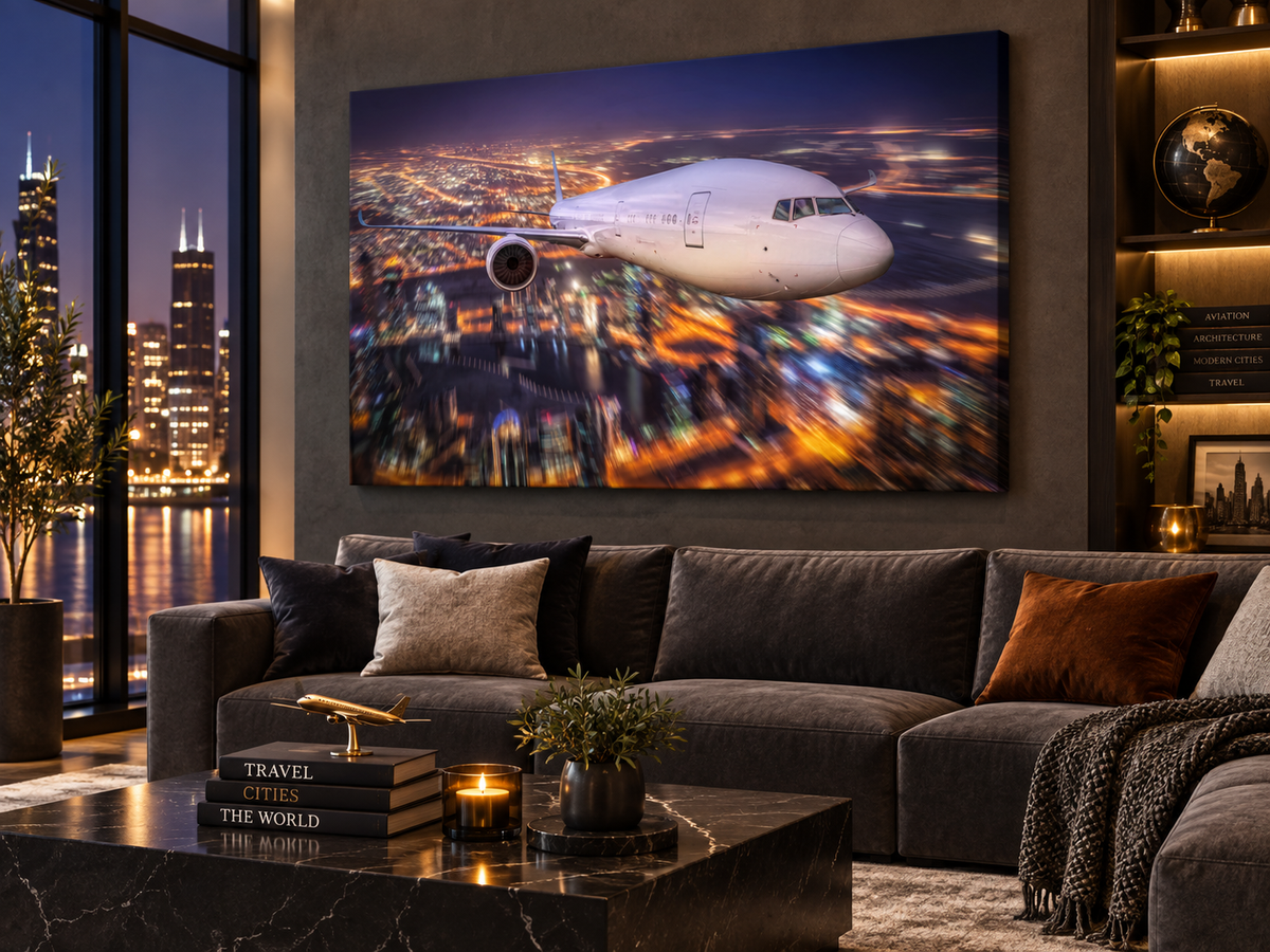 Airplane Over City Lights Canvas Wall Art | Aviation Night Sky Print