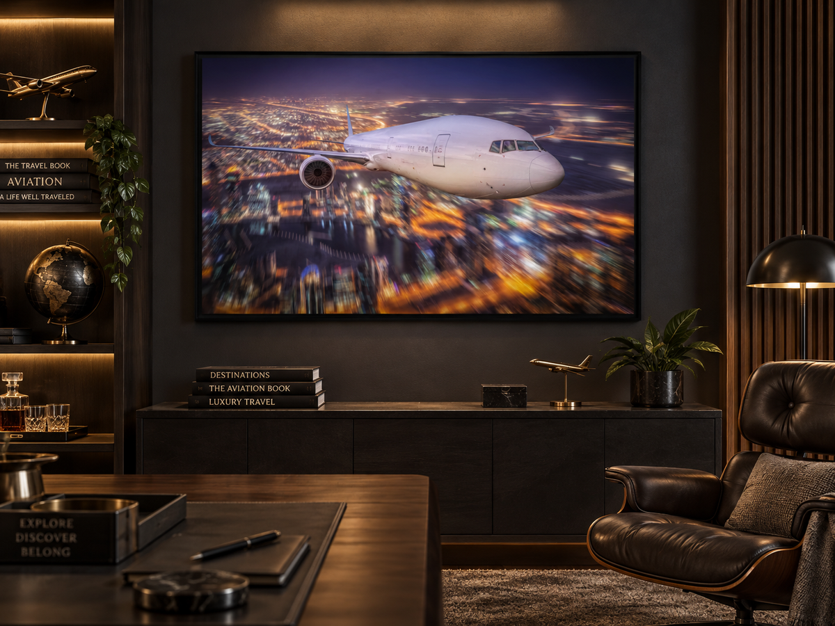 Airplane Over City Lights Canvas Wall Art | Aviation Night Sky Print