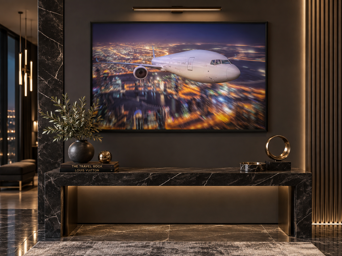 Airplane Over City Lights Canvas Wall Art | Aviation Night Sky Print