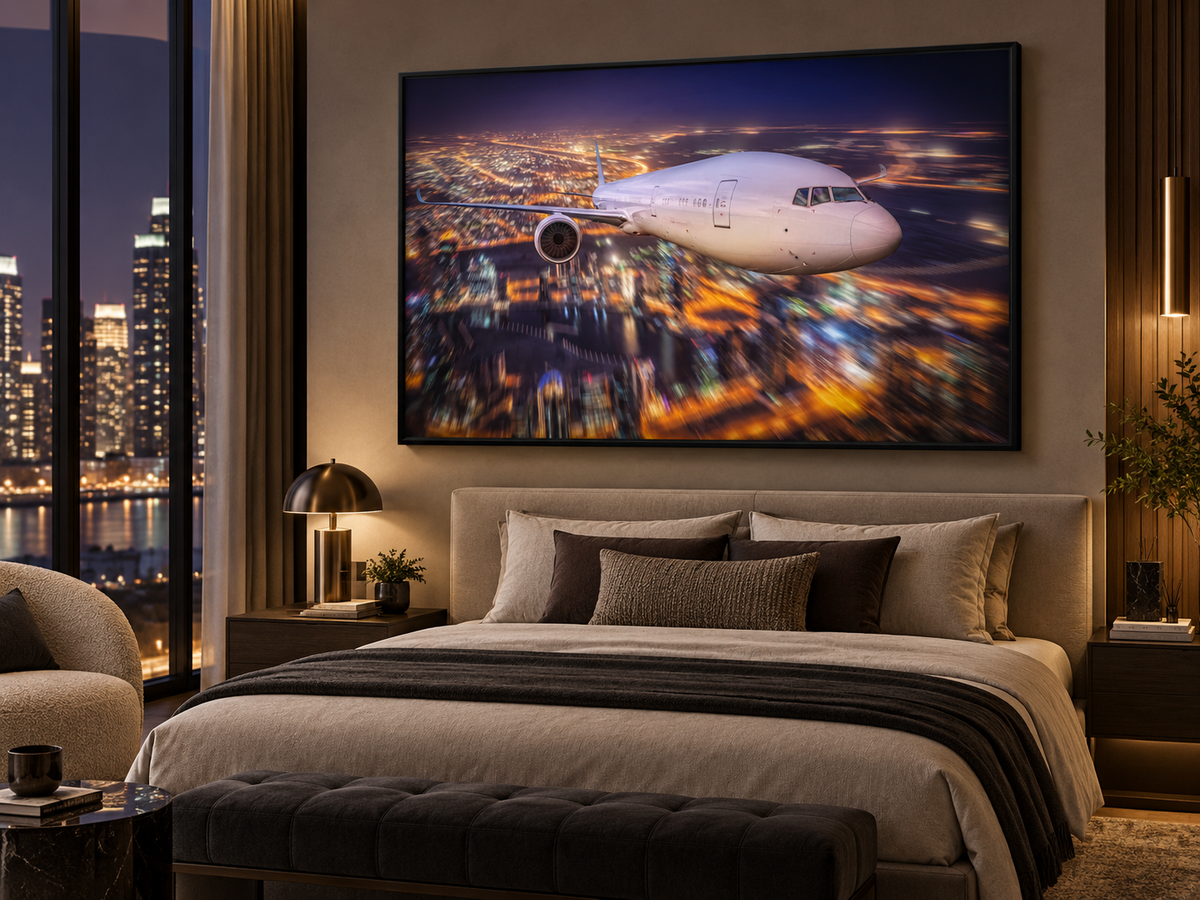 Airplane Over City Lights Canvas Wall Art | Aviation Night Sky Print