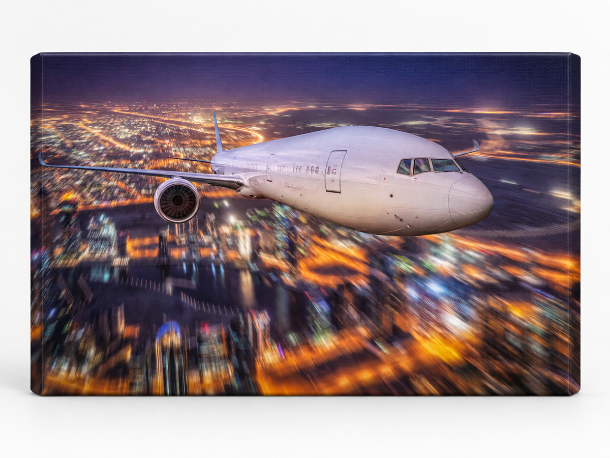 Airplane Over City Lights Canvas Wall Art | Aviation Night Sky Print