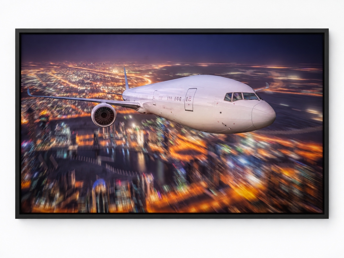 Airplane Over City Lights Canvas Wall Art | Aviation Night Sky Print
