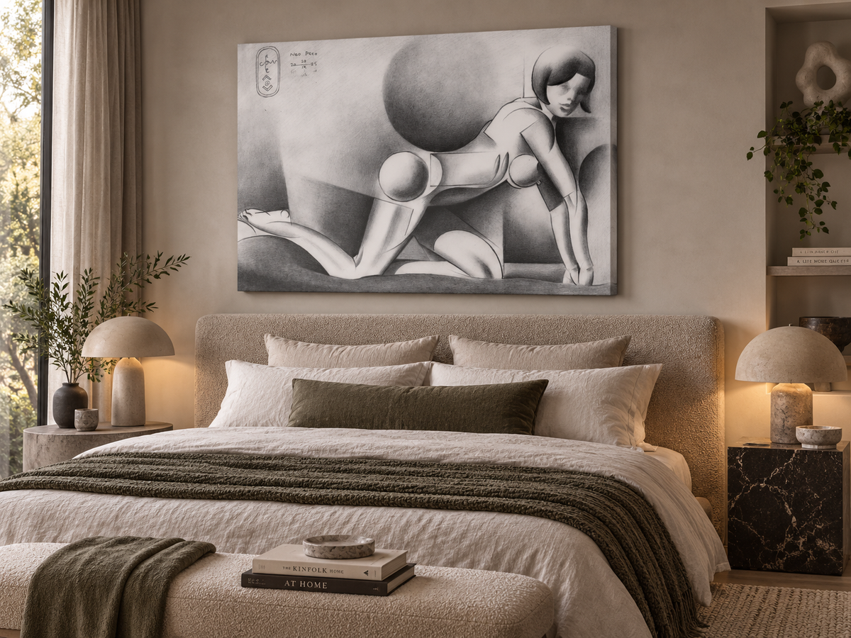 Neo Deco Canvas Wall Art | Art Deco Nude Cubist Graphite Fine Art Print | Gallery Wrap & Black Frame | 3 Sizes