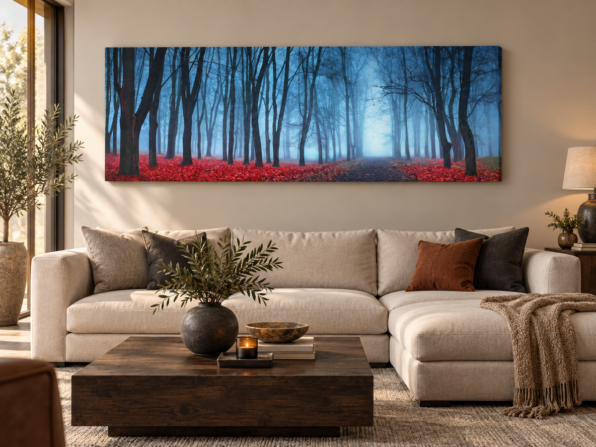 "Blue Mist Trees" Panoramic Canvas Wall Art — 72" Wide – landscape wall art, additional artwork view 4