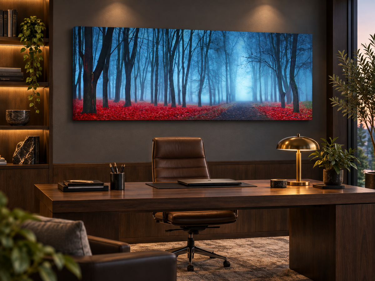 "Blue Mist Trees" Panoramic Canvas Wall Art — 72" Wide – landscape wall art, additional artwork view 7