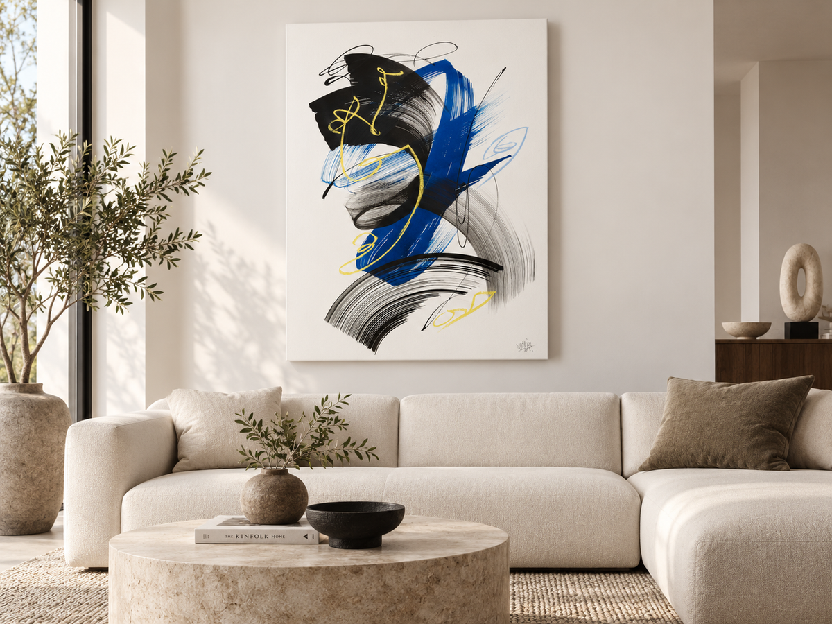 Abstract Expressionist Canvas Print | Bold Blue Black & Yellow Gestural Wall Art