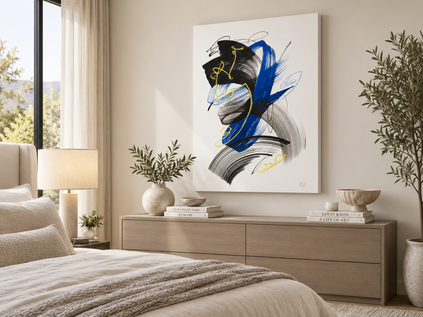 Abstract Expressionist Canvas Print | Bold Blue Black & Yellow Gestural Wall Art