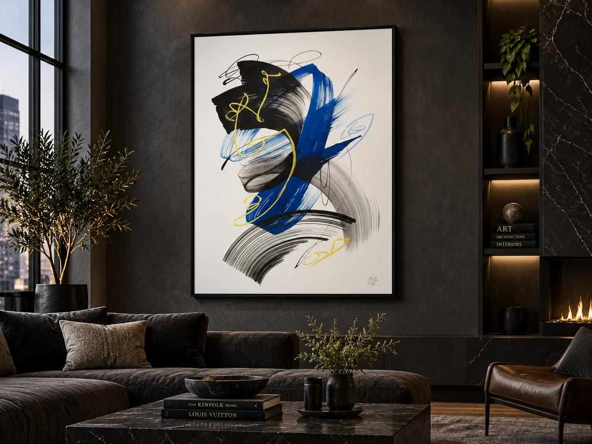 Abstract Expressionist Canvas Print | Bold Blue Black & Yellow Gestural Wall Art