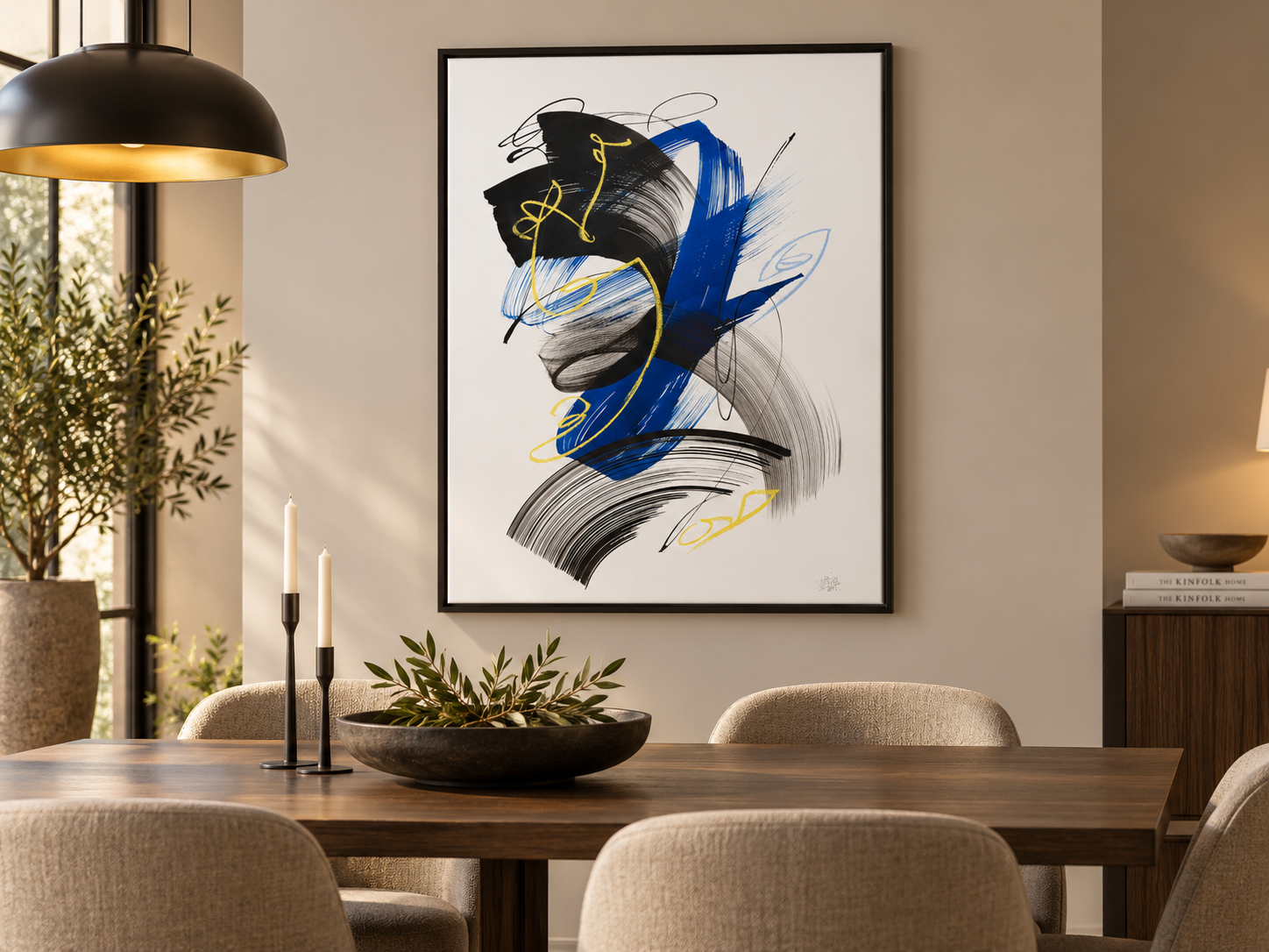 Abstract Expressionist Canvas Print | Bold Blue Black & Yellow Gestural Wall Art