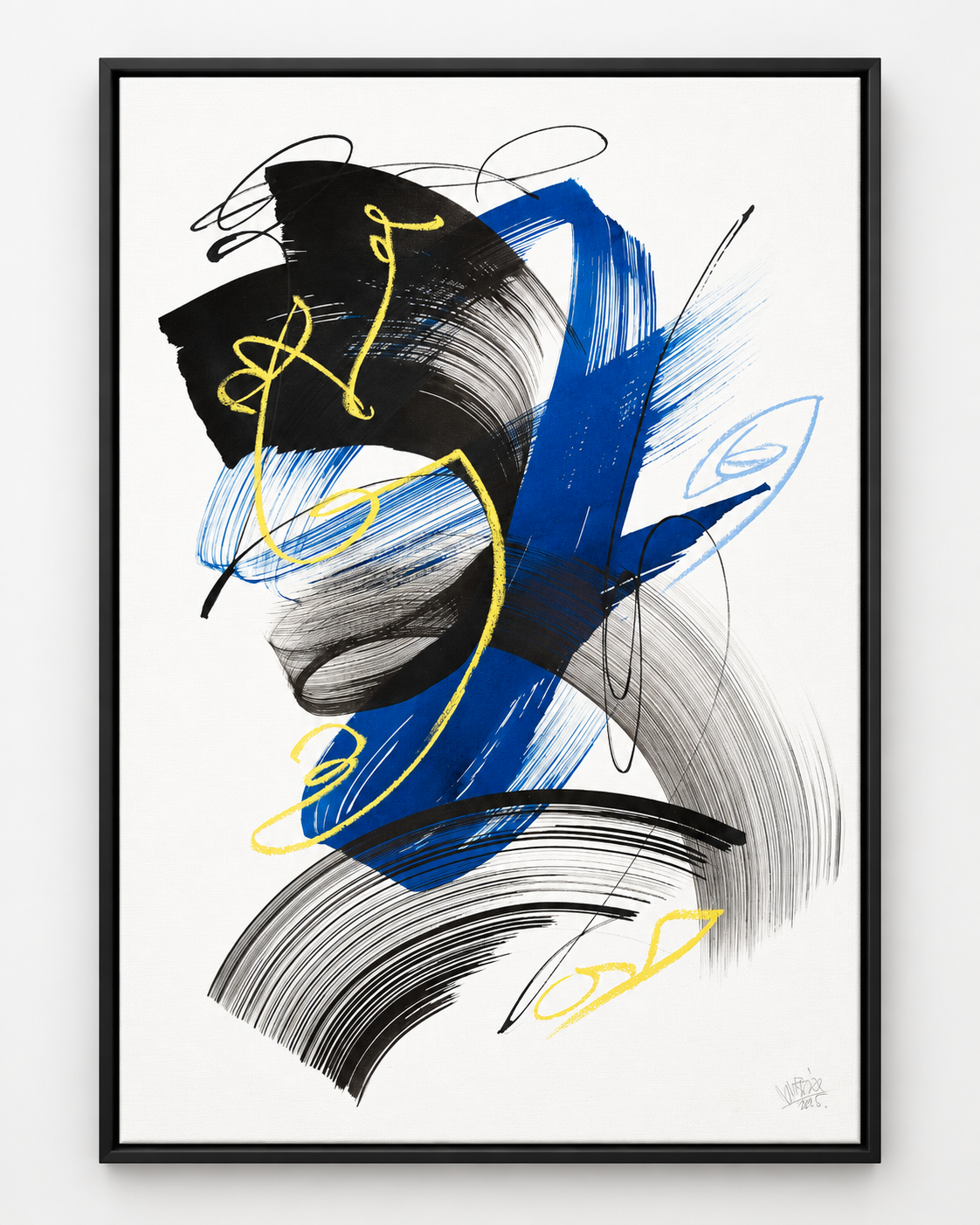Abstract Expressionist Canvas Print | Bold Blue Black & Yellow Gestural Wall Art