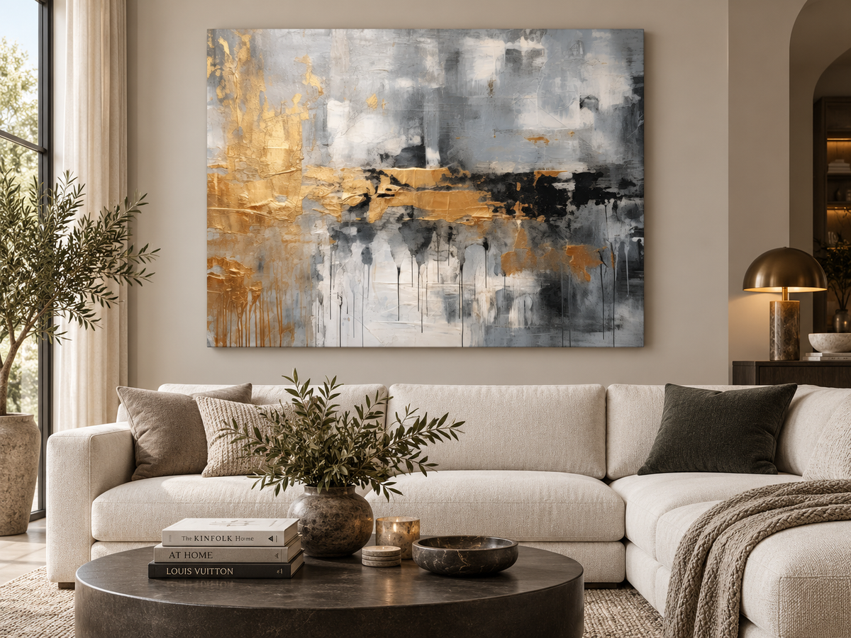 Golden Storm — Grey & Gold Abstract Expressionist Canvas Print