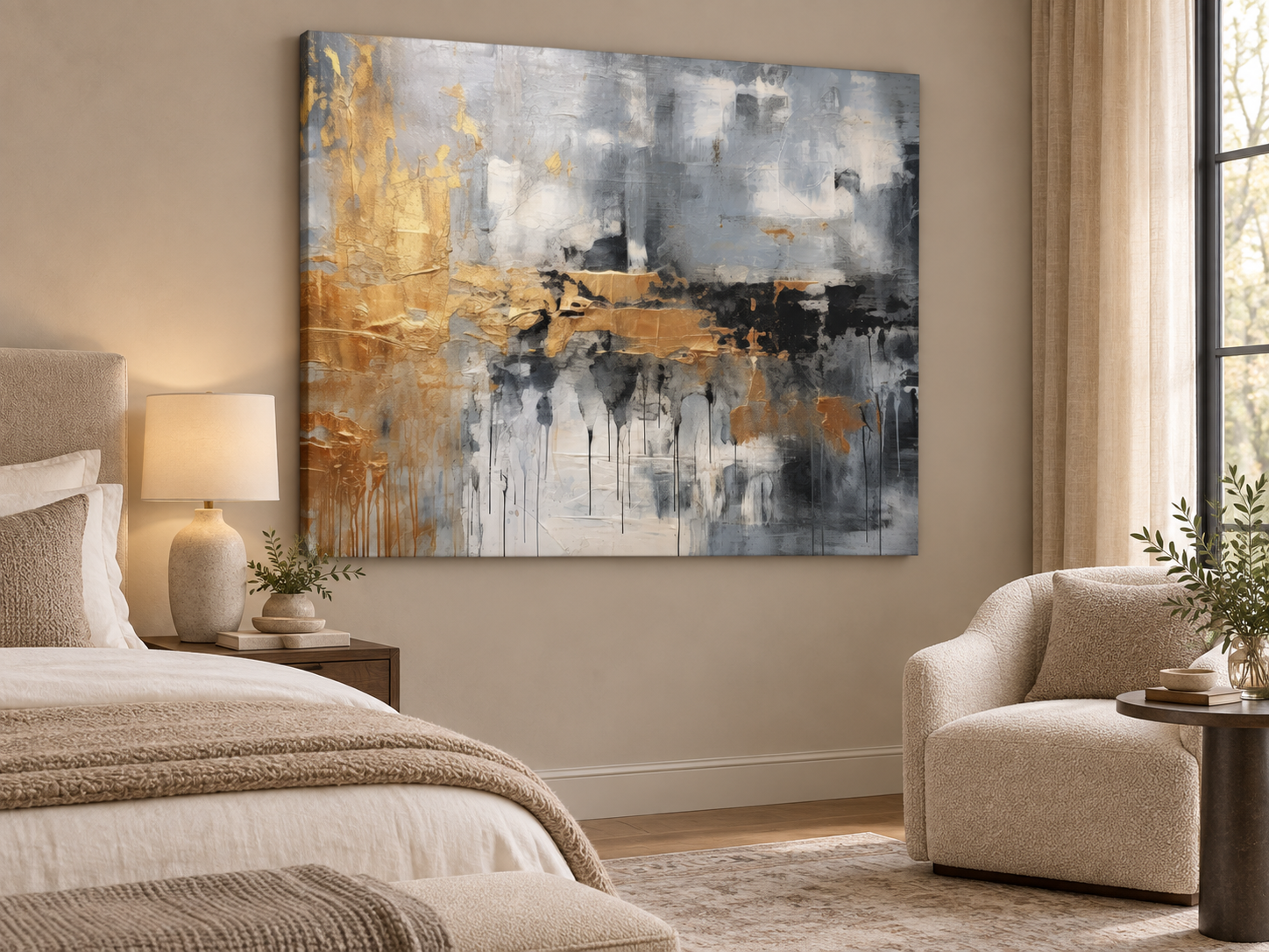 Golden Storm — Grey & Gold Abstract Expressionist Canvas Print