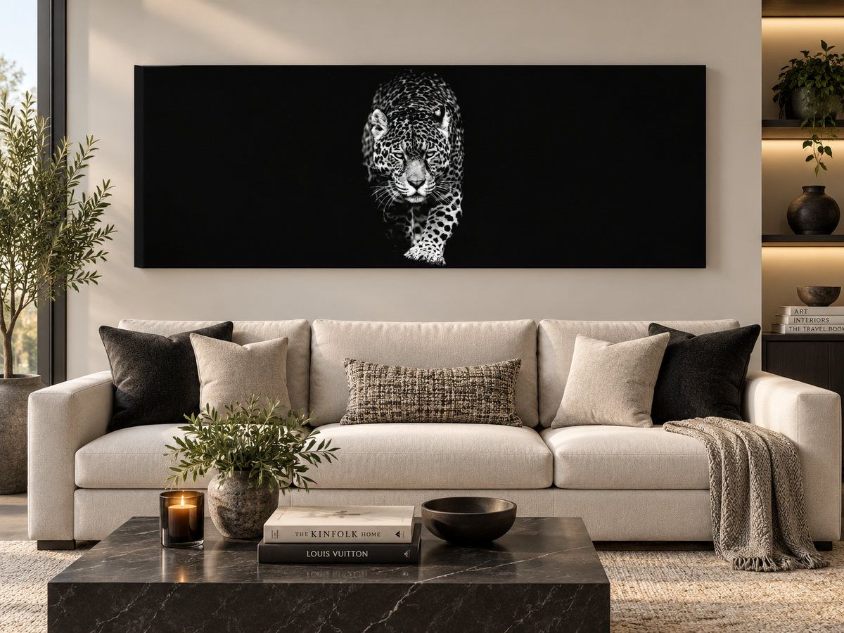 Black and White Leopard Canvas Wall Art | Panoramic Wildlife Fine Art Print | Diamond Finish | 72x24"