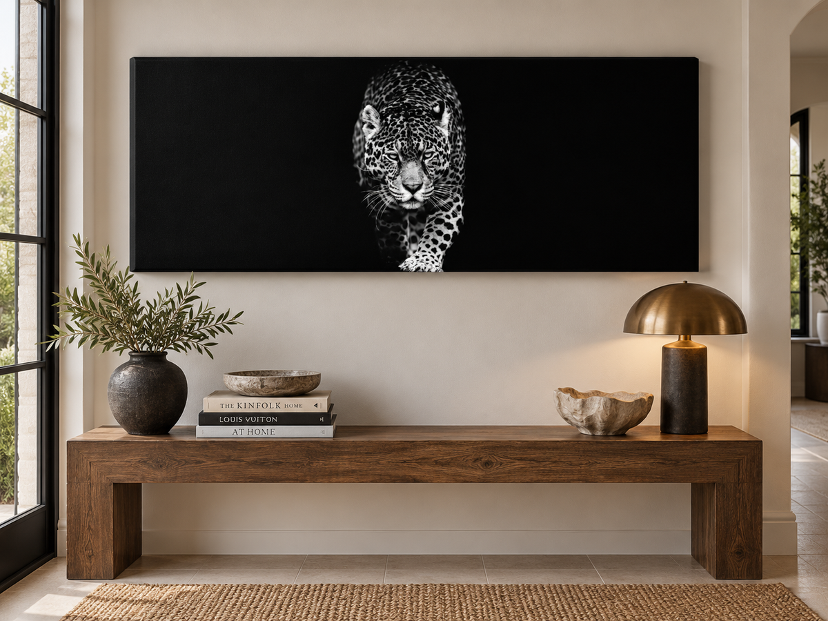 Black and White Leopard Canvas Wall Art | Panoramic Wildlife Fine Art Print | Diamond Finish | 72x24"