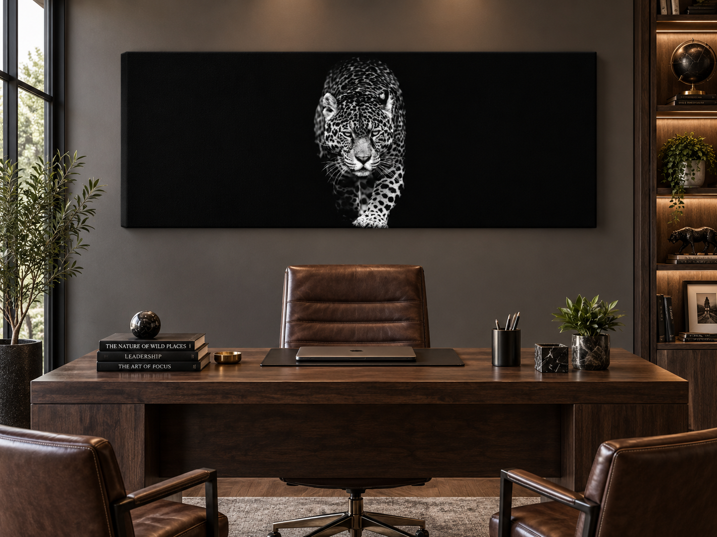 Black and White Leopard Canvas Wall Art | Panoramic Wildlife Fine Art Print | Diamond Finish | 72x24"