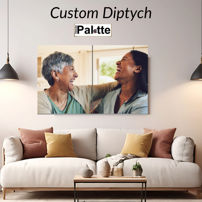 Example custom diptych for canvas printed at Canvas Palette. The photo shows two women laugh