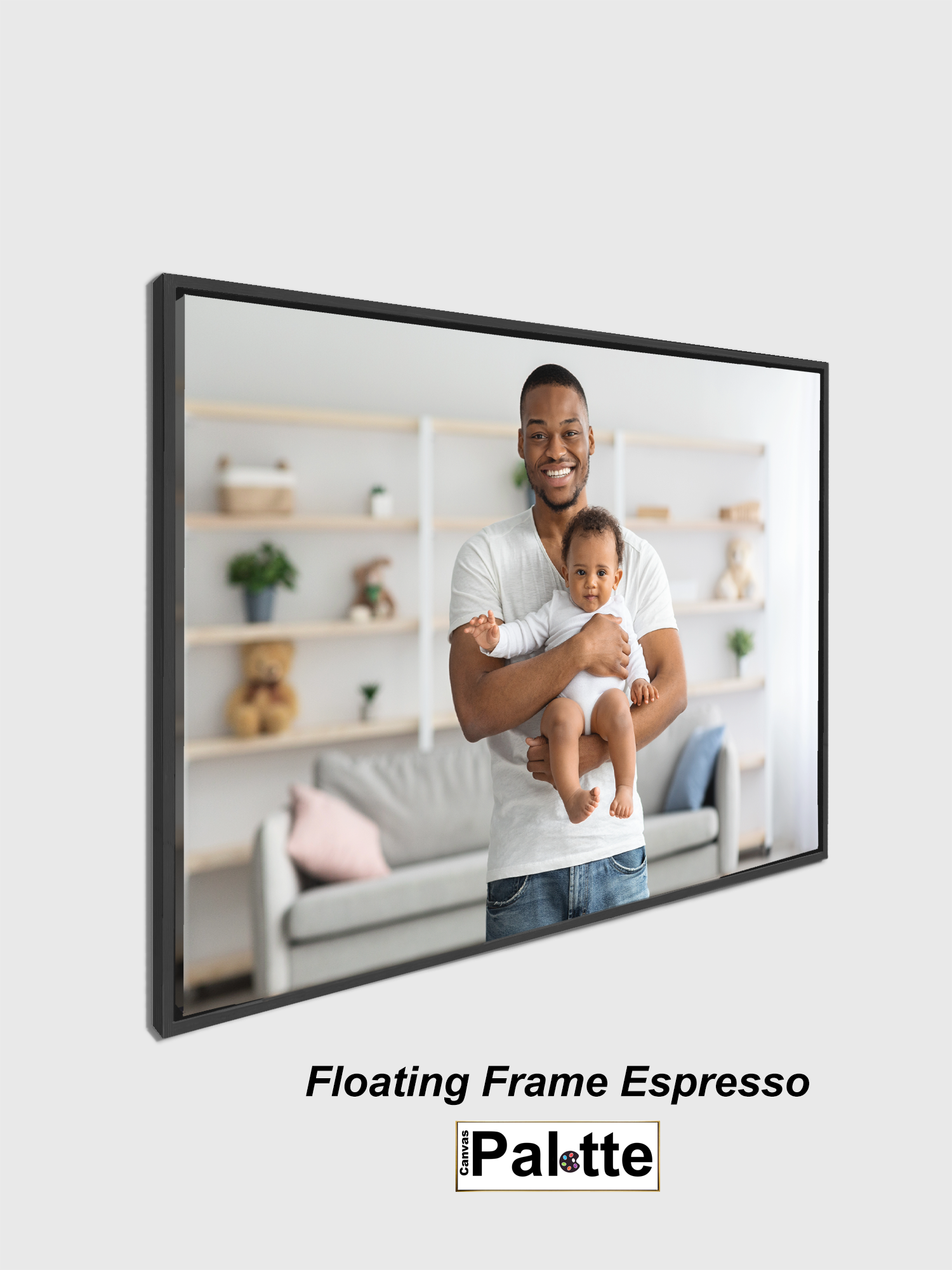 Canvas Palette example of a Espresso floating side frame for canvas framing a portrait of father and his baby.
