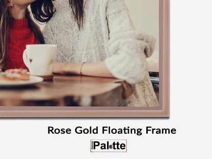 Example of a Rose Gold floating border for canvas printed on Canvas Palette. The photo shows a portion photo of a mother receiving a kiss from her daughter, both sitting in the dining room.