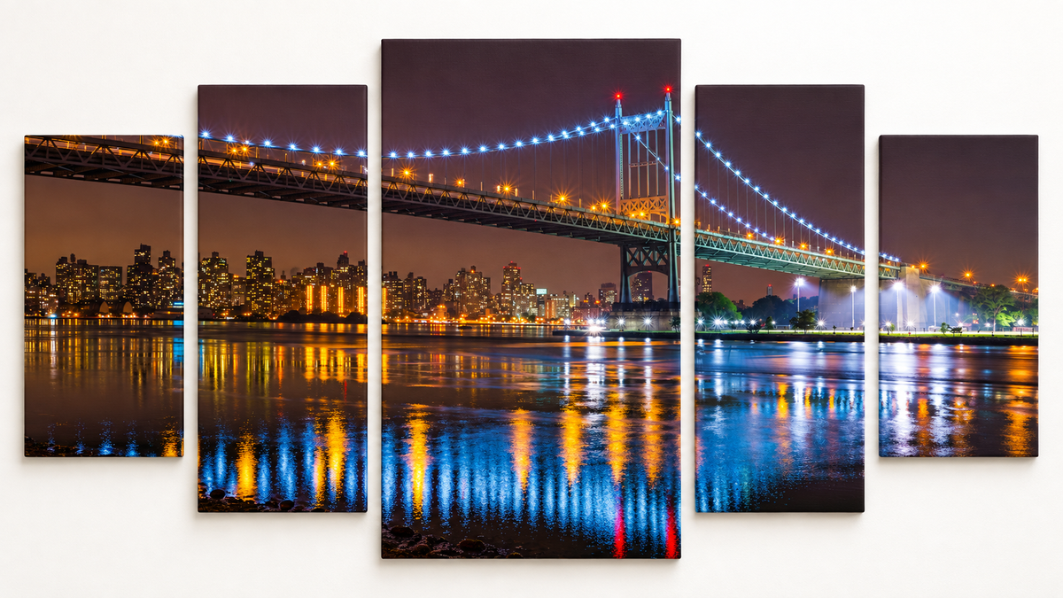 Blue and Gold Bridge at Night Compact 5 gallery-wrapped canvas set; illustrative front view, see size guide for dimensions