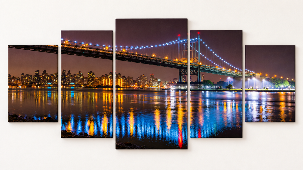 Blue and Gold Bridge at Night Statement 5 gallery-wrapped canvas set; illustrative front view, see size guide for dimensions