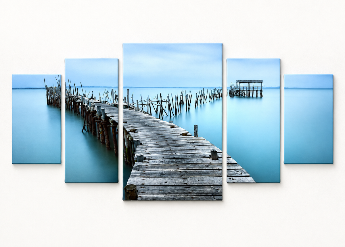 Blue Stillness Wooden Pier Compact 5 gallery-wrapped canvas set; illustrative front view, see size guide for dimensions
