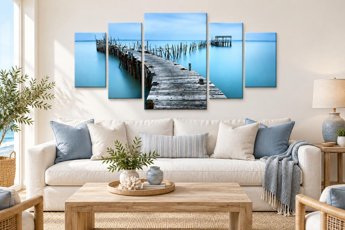 Blue Stillness Wooden Pier in the Compact 5 layout shown in an illustrative room setting