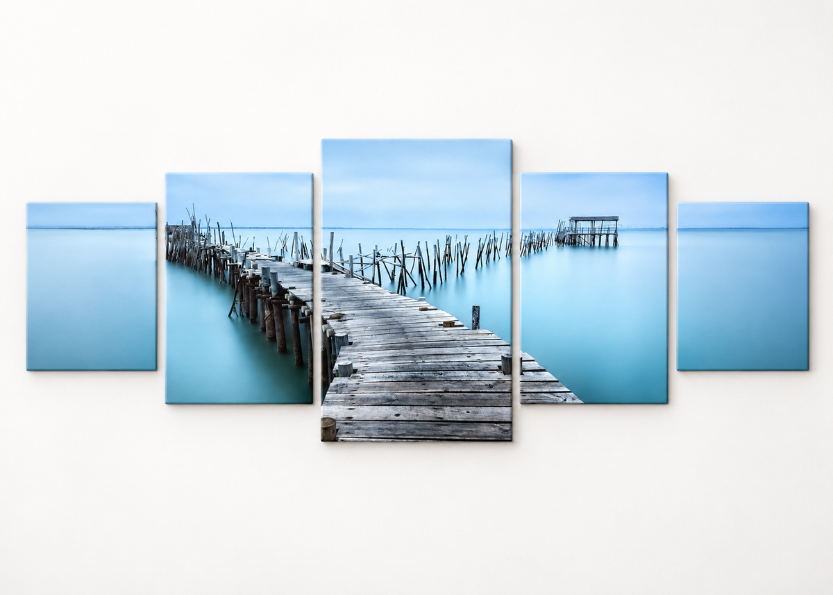 Blue Stillness Wooden Pier Statement 5 gallery-wrapped canvas set; illustrative front view, see size guide for dimensions