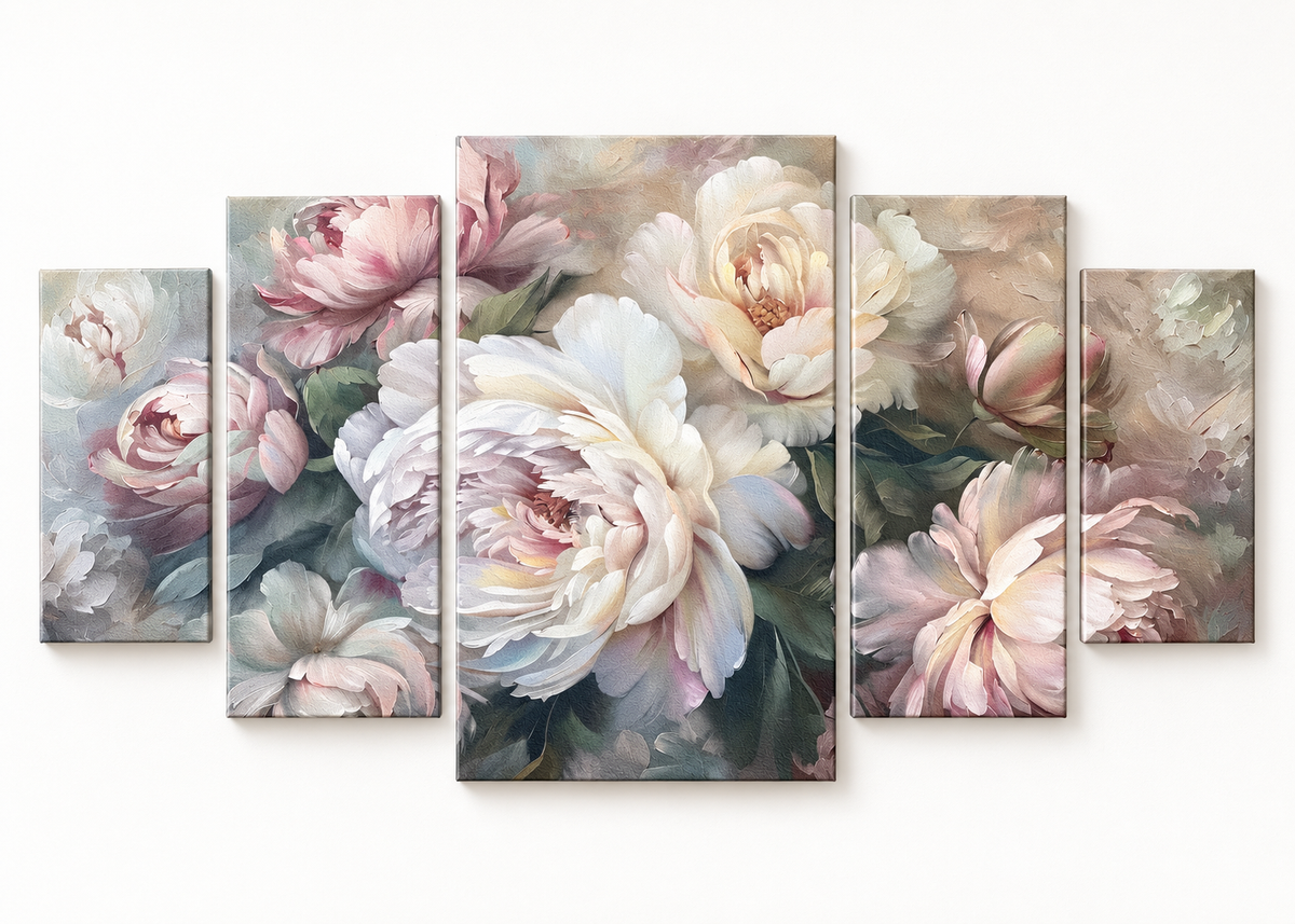 Blush and Ivory Peonies Compact 5 gallery-wrapped canvas set; illustrative front view, see size guide for dimensions