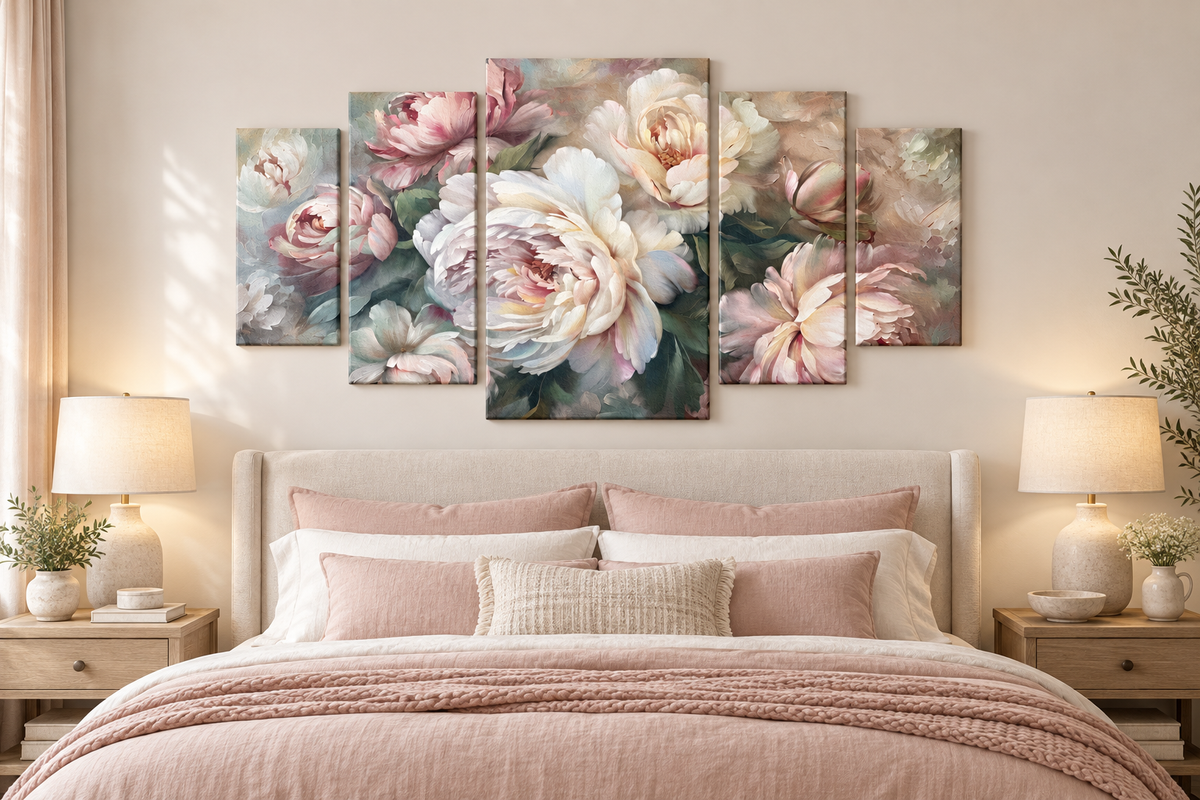 Blush and Ivory Peonies in the Compact 5 layout shown in an illustrative room setting