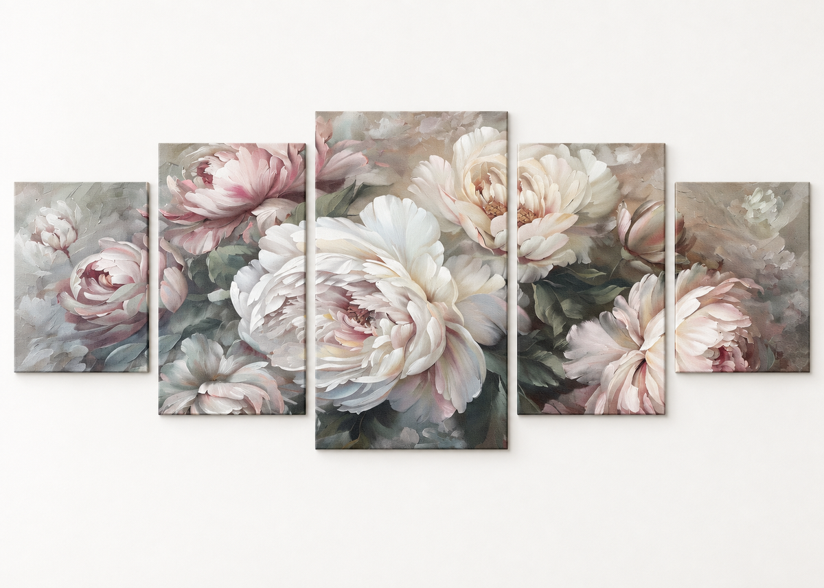 Blush and Ivory Peonies Statement 5 gallery-wrapped canvas set; illustrative front view, see size guide for dimensions