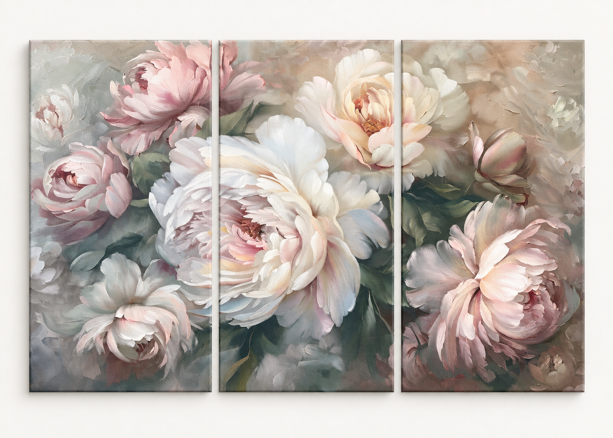 Blush and Ivory Peonies Large triptych gallery-wrapped canvas set; illustrative front view, see size guide for dimensions